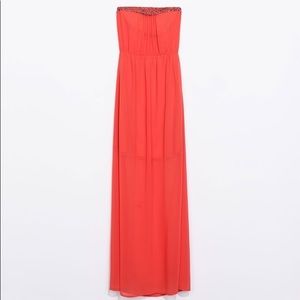 Zara Trafaluc Beaded Strapless Coral Pink Maxi Dress - Size XS (NWOT)